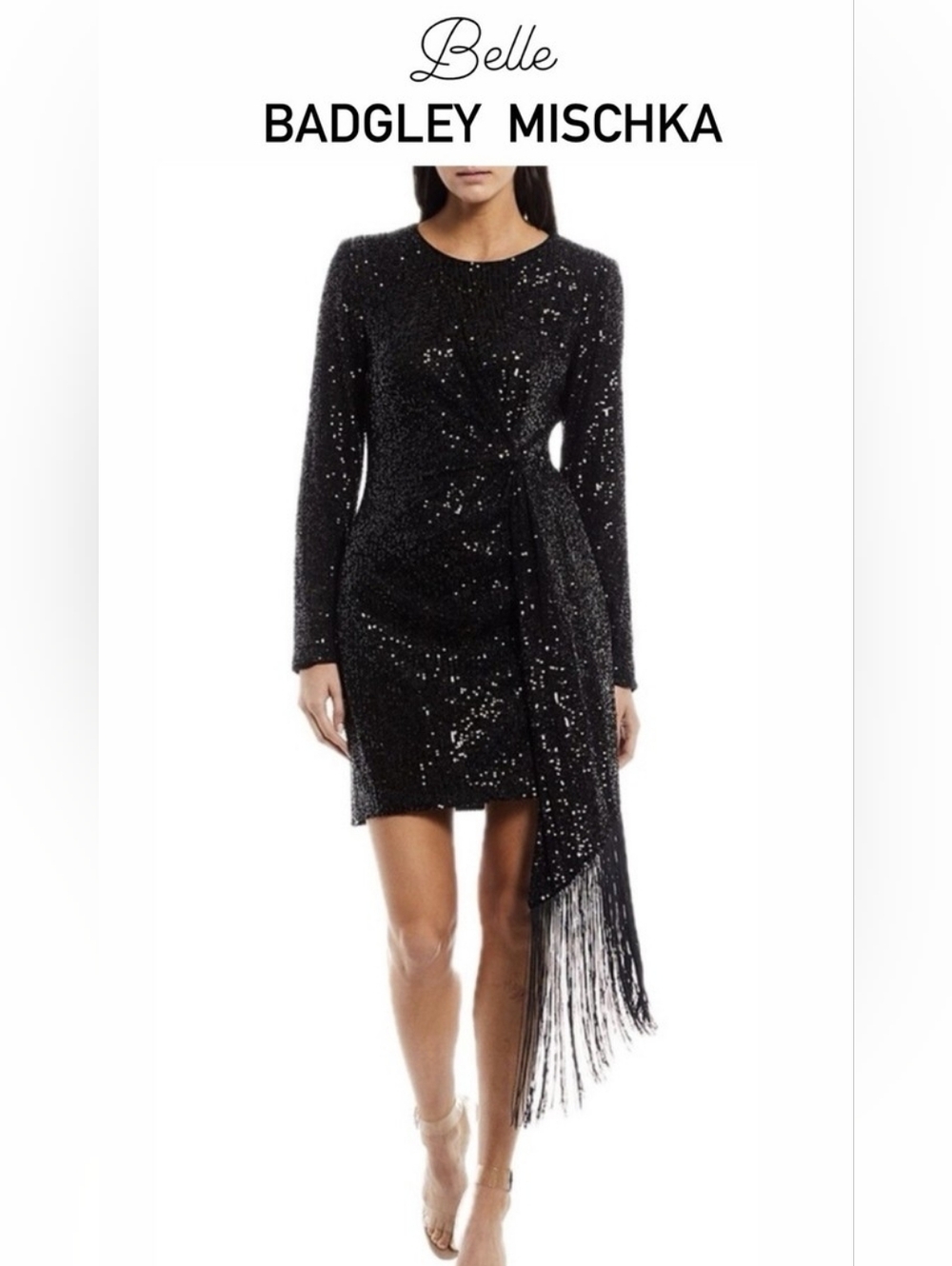 Badgley Mischka Black Sequin Long-Sleeve Fringe Mini Dress SZ 8 Gentle Used